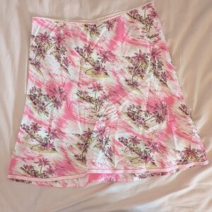 Old Navy Vintage Y2K Tropical Print Pink A-Line Ribbon Lace Trim Midi Slip Skirt
